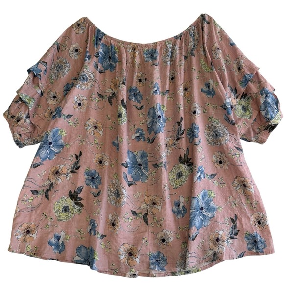 EASEL Blue Pink NEW Off The‎ Shoulder 100% Cotton Oversized Boho Top Size L #517 - Picture 3 of 10